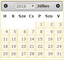 listából történő kijelöléssel van lehetőség. A hónapok közötti navigálást a felső szürke sáv két szélén látható nyilak teszik lehetővé. A táblázatból a nap kiválasztása kattintással történik.