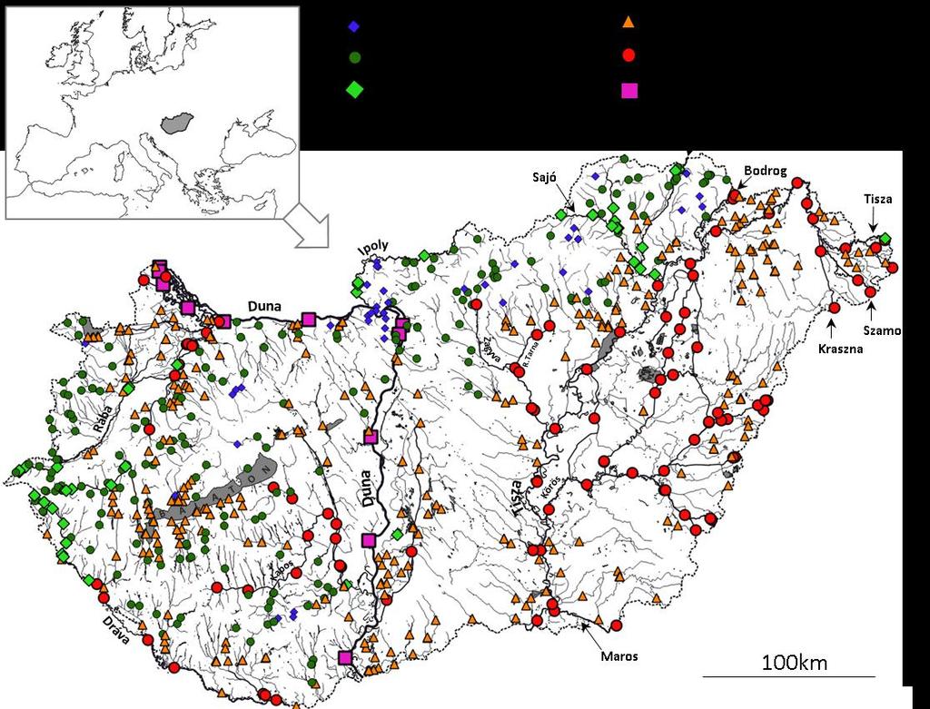 Takács et al. végeztük.a mintahelyek tengerszintfeletti magasságát, illetve hogy 10km-es körzetükben található-e halastó a vízfolyáson.