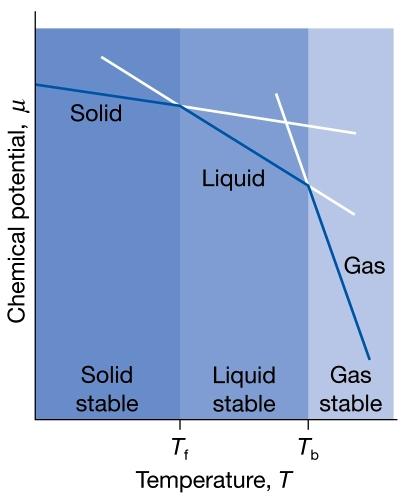 A fázisstabilitás. Az adott fázisban lévő anyag kémiai potenciálja: dµ = V m dp S m dt 5. ábra: a fázisok egyensúlya A külső nyomás hatására bekövetkező olvadás, a V m értékek szerepe.