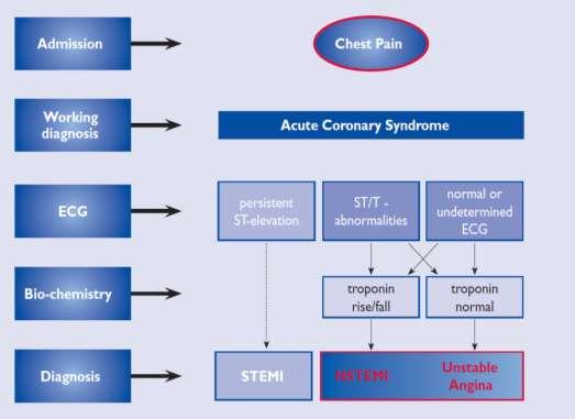 Akut coronaria szindromák Troponin pozitív = myocardialis infarctus (az ST elevatios szinte mindig,