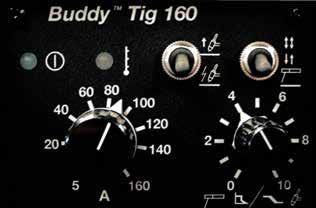 A Buddy Tig 160 kezelőpultján egy gomb szolgál a hegesztőáram, egy másik (TIG hegesztésnél) az áramlefutás, vagy