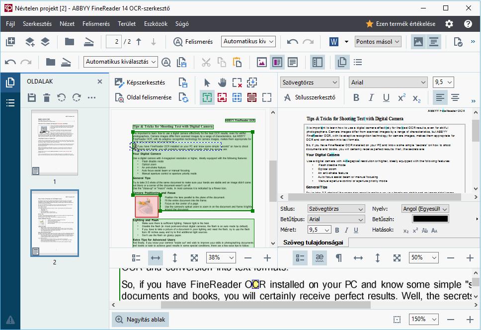 Az OCR-szerkeszto felülete Az aktuális OCR-projekt az OCR-szerkeszto ablakában jelenik meg. Az OCR-projektek használatáról részletes információ az OCR-projektek 116 témakörben található.