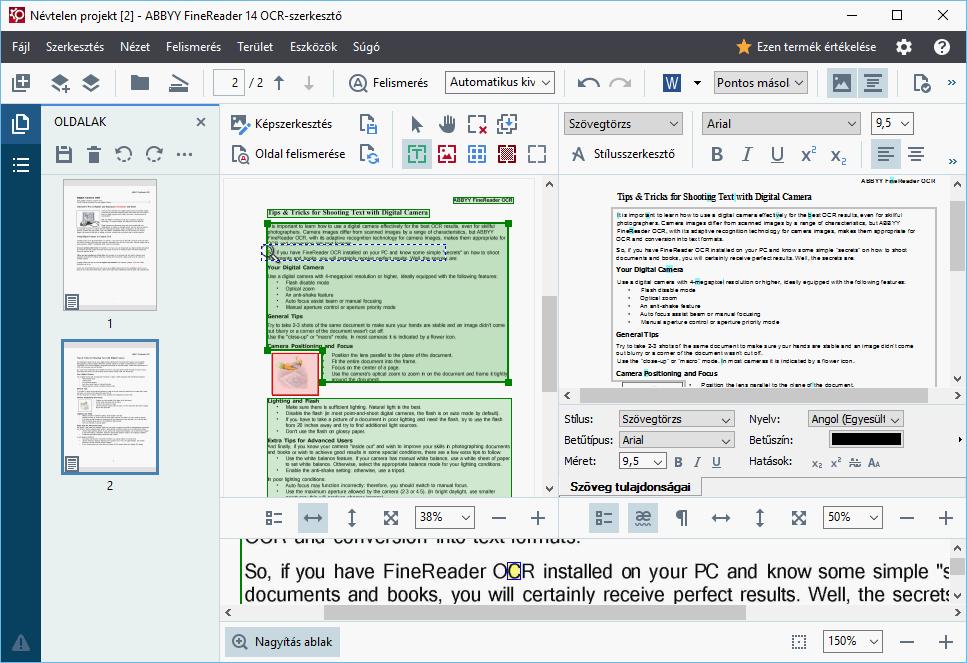 Az OCR-szerkeszto a leheto legjobb eredmény elérése céljából az OCR és a konvertálás finomhangolásához is hatékony eszközöket biztosít.