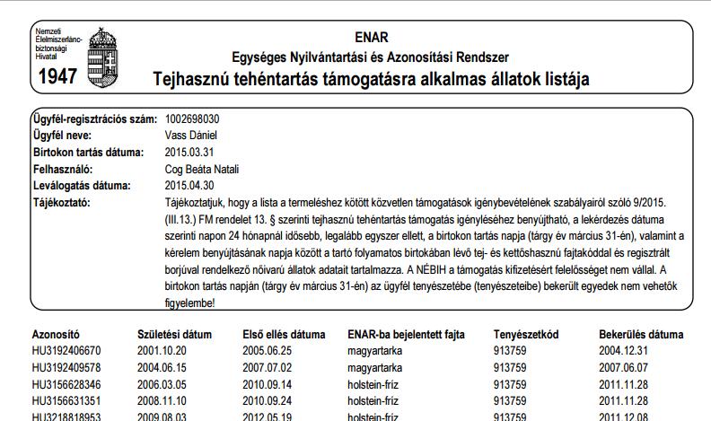 A birtokon tartás dátuma fixen a meghatározott támogatási év március 31.