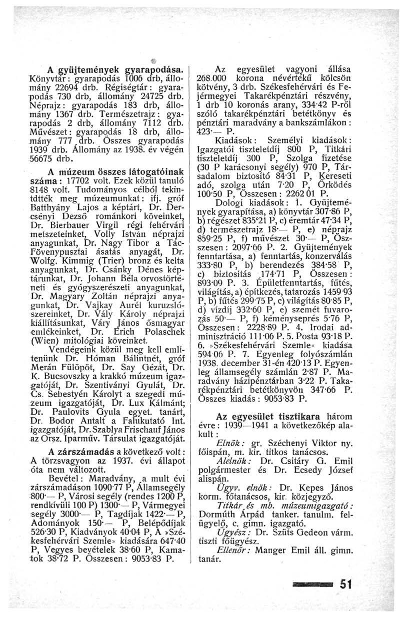 A gyűjtemények gyarapodása. Könyvtár : gyarapodás 1006 drb, állomány 22694 drb. Régiségtár : gyarapodás 730 drb, állomány 24725 drb. Néprajz : gyarapodás 183 drb, állomány 1367 drb.