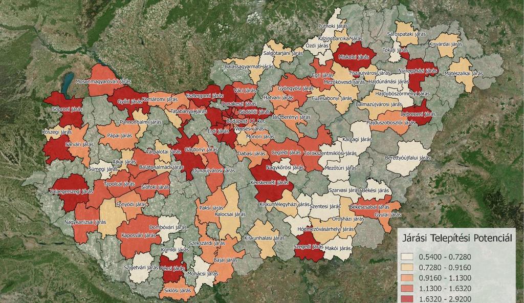 Töltőállomások telepítését támogató módszertan Városi gyors töltő állomások helyszíneinek kijelölése Járási telepítési potenciál: Népességszám: legalább 15000 lakosszámú városokban telepítettünk
