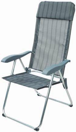 Könnyű, 5-pozícióba állítható szék, alumíniumból és tartós textilénből. Összecsukva könnyen tárolható.