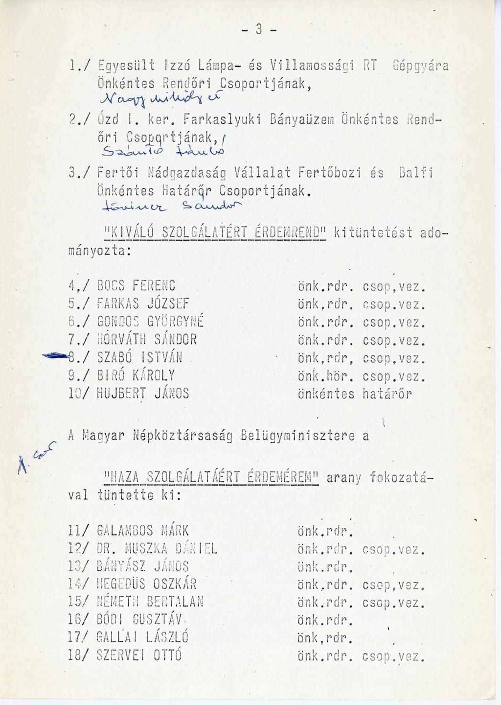 - 3-1. / Egyesült Izzó Lámpa- és Villamossági RT Gépgyára Önkéntes Rendőri Csoportjának, 2. / Ózd I. ke r. Farkaslyuki Bányaüzem önkéntes Rendőri Csoportjának 3.