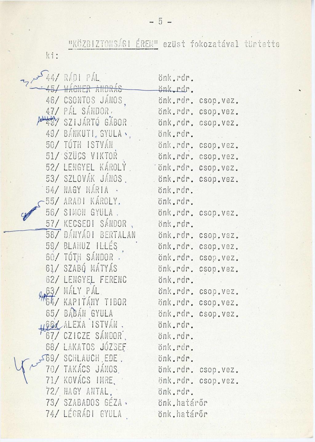 5 k i : "KÖZBIZTONSÁGI ÉREM" ezüst fokozatával tüntette 44/ RÁDI PÁL önk.rdr. 45/ WÁGNER ANDRÁS önk.rdr. 48/ CSONTOS JÁNOS 47/ PÁL SÁNDOR SZÍJÁRTÓ GÁBOR 49/ BÁNKUTI GYULA önk.rdr. 50/ TÓTH ISTVÁN 51/ SZÜ CS VIKTOR 52/ LENGYEL K Á R O L Y 53/ SZLOVÁK J Á N O S 54/ NAGY M ÁRIA önk.