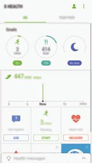 Alkalmazások Az S Health használata Megtekintheti az S Health menüinek és figyelőinek segítségével a legfontosabb információkat az egészsége és fittsége figyelemmel követéséhez.
