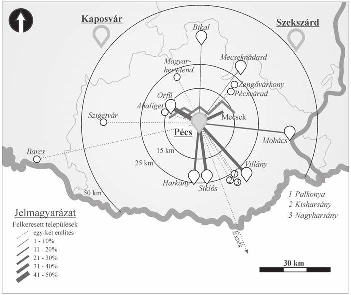 TURIZMUS ÉS TRANSZFORMÁCIÓ TEREK ÁTALAKULÁSAI 7. ábra A megkérdezettek által felkeresett, városon kívül eső települések (Pécs) Technikai szerkesztő: Józsa E.