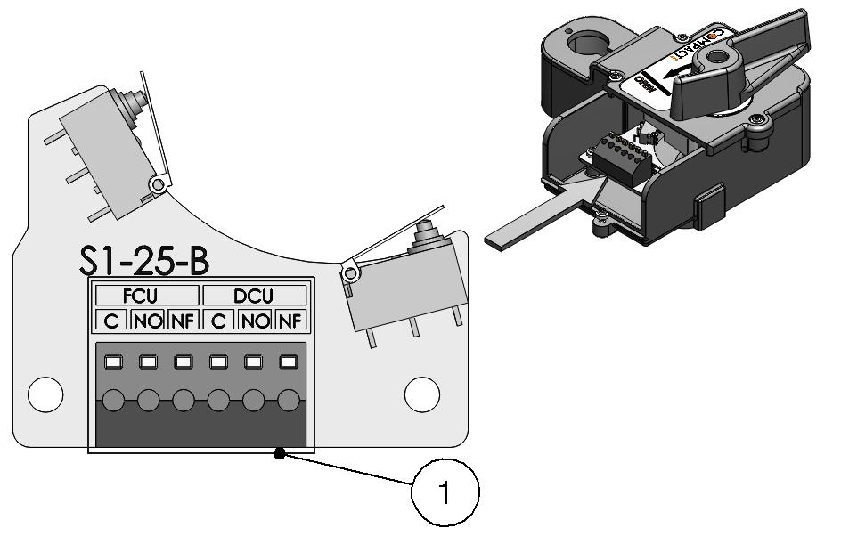 Kézi, mágnessel - LR/LI változat (közvetlen áramellátású, 24 V DC mágnes) S1-25 kapcsolópanel (S2 opcionális) a zsaluállás mikrokapcsolói számára 1 2 FCB DCB NO C NF Zsaluállás