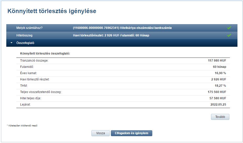 A Könnyített törlesztés igénylése a képernyő alján látható Elfogadom és