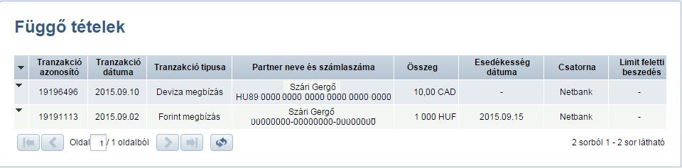 Értéknapos Forint tranzakció visszavonása Lehetőség van a függő tételek listában megjelenő értéknapos tranzakciók NetBankon történő visszavonására.