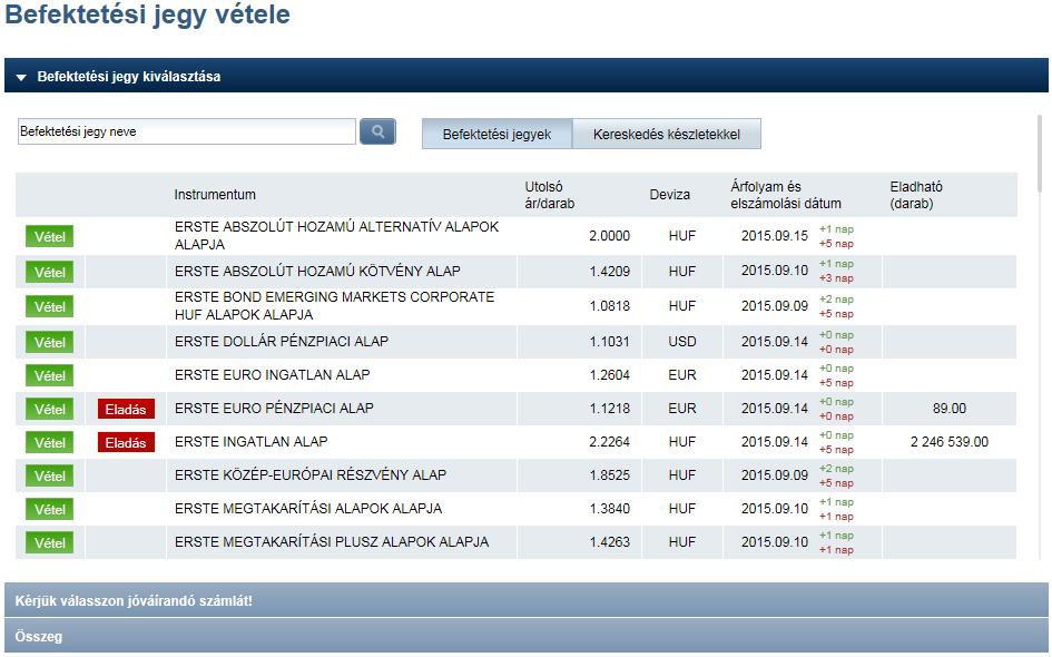 A vásárolható befektetési jegyekről részletes információ található az aktuális díjjegyzékünkben, és a www.ersteinvestment.