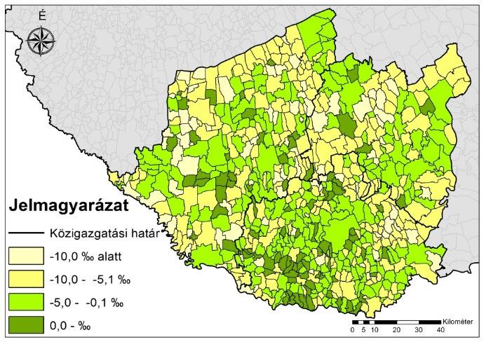 60 1.7-3. ábra: A 2001-2013 közötti évi átlagos természetes szaporodási ráta a 2000. év végi lakónépesség arányában a Dél-Dunántúlon, ill.