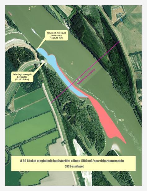 Tervezett melegvíz bevezetés 1526,45 fkm Jelenlegi melegvíz bevezetés 1526,25 fkm Referencia szelvény A 30 C fokot meghaladó hatásterület a Duna 1500 m3/sec vízhozama esetén jelen állapot Planirano