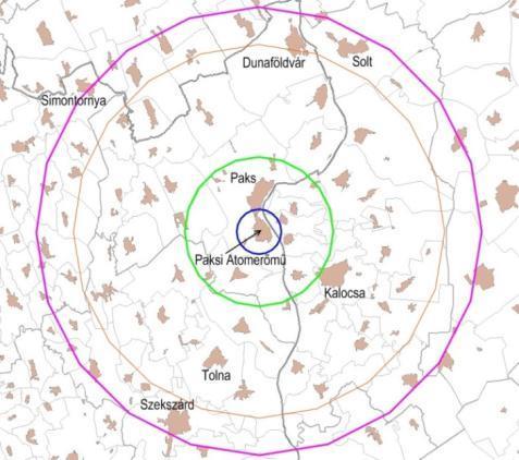 Paksi Atomerőmű Nuklearna elektrana u Paksu plavi krug: procenjeno područje neposrednog uticaja zeleni krug: procenjeno područje posrednog uticaja ljubičasti krug: područje ispitivanja za opšte
