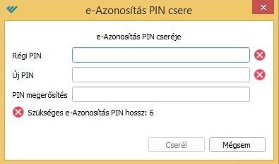 4. ábra: eszemélyi Kliens - "e-azonosítás PIN csere" ablak A PIN kód megváltoztatásához először adja meg a régi kódot, majd az új kódot, aminek az elvárt hosszúságúnak kell lennie.