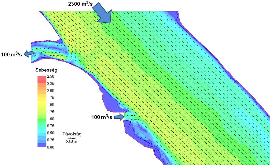 Távolság Distanță Sebesség Viteză Figura 51: Câmpul de viteză calculat în apropierea estuarului canalului de apă rece și de apă caldă, în cazul unui debit de 2300 m³/s, bazat pe un debit