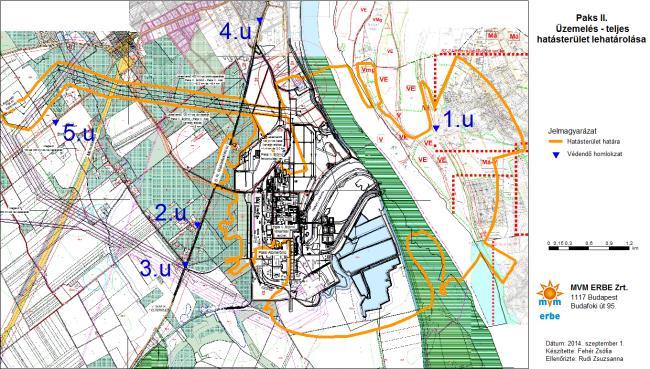 Paks II Üzemelés teljes Paks II Funcționare Hatásterület lehatárolásaa Delimitarea întregii zone de impact Jelmagyaráza Legendă Hatásterület határa Limita zonei de impact Védendő homlokzat Fațade de