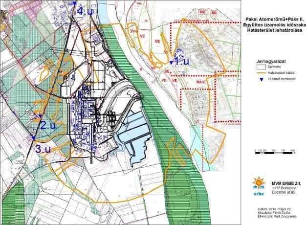 Paksi Atomerőmű + Paks II Együttes üzemelés időszaka Hatásterület lehatárolásaa Centrala Nucleară de la Paks + Paks II Perioada de funcționare concomitentă Delimitarea zonei de impact Jelmagyaráza