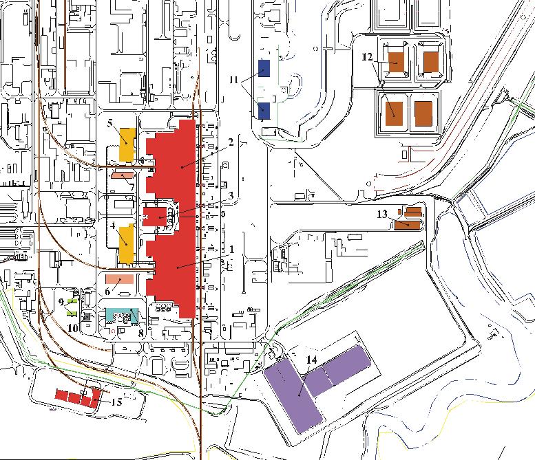 Clădire pentru pregătirea chimică a apei 9. Rezervoare hidrogen-azot 10. Fabrica de hidrogen 11. Unități de extracție a apei I-II 12. Rezervoare pentru deșeuri 13.