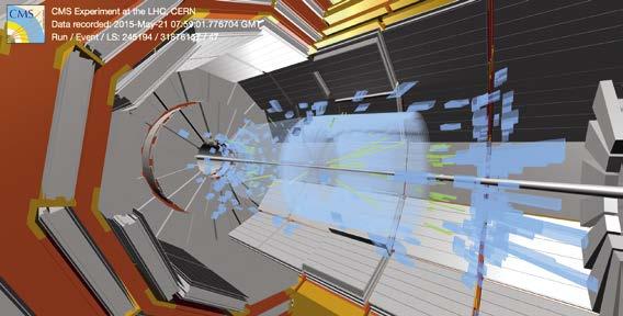 A szimuláció a CMS detektor segítségével jól mutatja be a Higgs-bozon lebomlását (A) Mélyen a földfelszín alatt, a Genfi-tó közelében a CERN, vagyis a Nukleáris Kutatások Európai Szervezete nagy