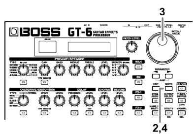 A kijelző tartalma megváltozik és a GT-6 készen áll a mentési célhely User Patch meghatározására. Cél User Patch 2. Nyomja meg a [WRITE] gombot.