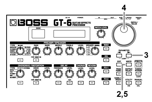 Patch-ek kicserélése A GT-6-ban kicserélheti két User Patch pozícióját. A következőkben elmagyarázzuk, ez hogyan történhet meg. 1.