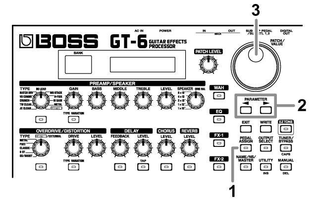 Effektek vezérlése a GT-6 pedáljaival, külső és külső MIDI készülékekkel pedálokkal Ezeket a beállításokat akkor végezze el, ha az effekteket a GT-6 expression, vagy CTL pedáljával, vagy pedig külső