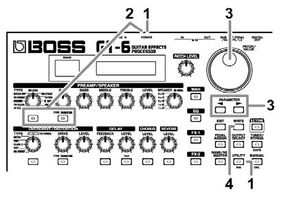 Gyári beállítások Tuner (hangoló) TUNER Pitch: TUNER Output: A=440Hz Bypass Output Select (kimenet választás) Output Select: COMBO AMP Global Low EQ: 0dB High EQ: 0dB NS Threshold: 0dB Reverb Level: