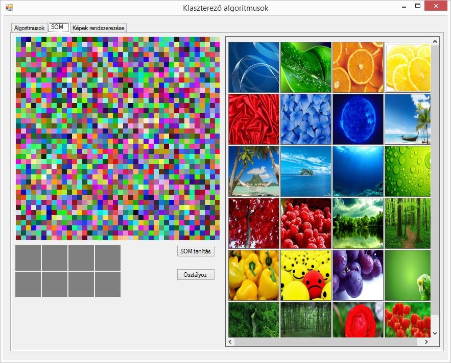 színek vektorait tartalmazó neuronokból álló 40 40-es méretű önszerveződő térkép, mely kezdetben véletlenszerű értékekkel van feltöltve (4.1.