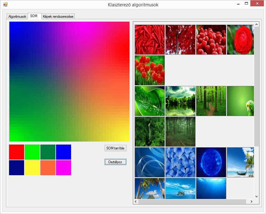 4.1.12 ábra Alkalmazás SOM lapja osztályozás után A TabControl harmadik lapján képadatbázisok klaszterezését valósíthatjuk meg különböző klaszterezési algoritmusok segítségével, valamint adott képhez