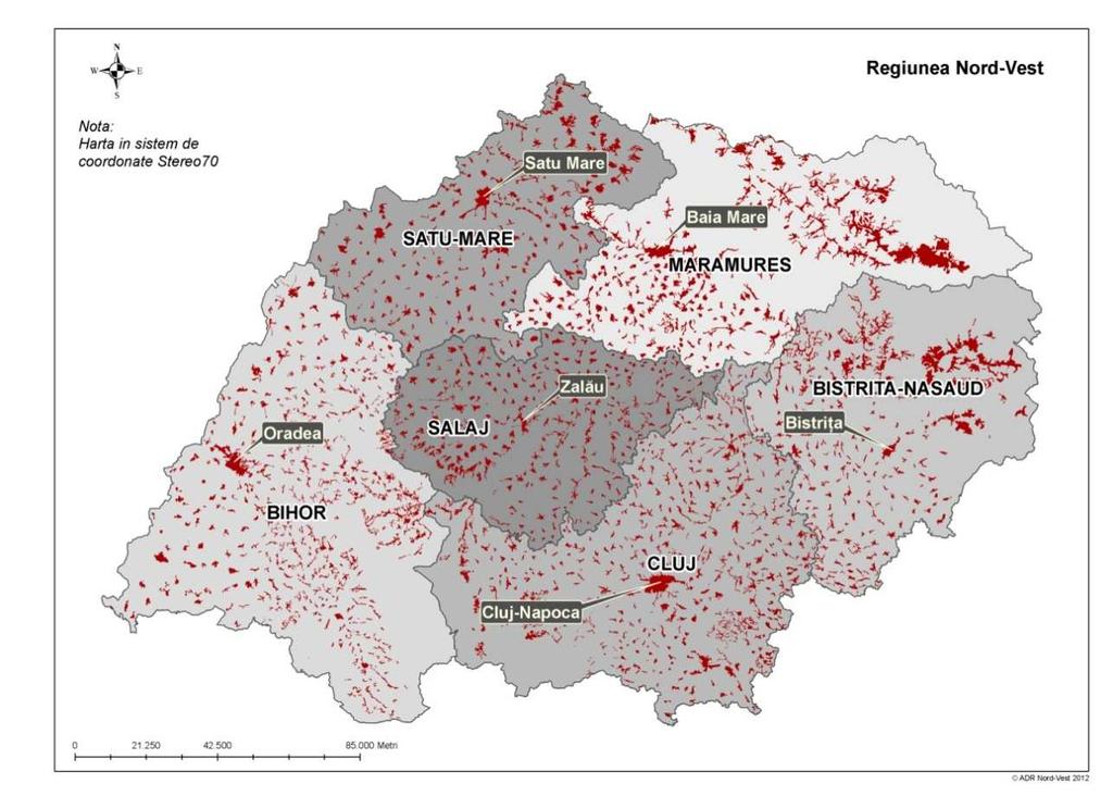 Dezvoltare urbană Figura 2. Judeţele Regiunii Nord-Vest, cu marcarea localităţilor Populaţia urbană din regiune a urmat o tendinţă de creştere până la sfârşitul secolului XX.