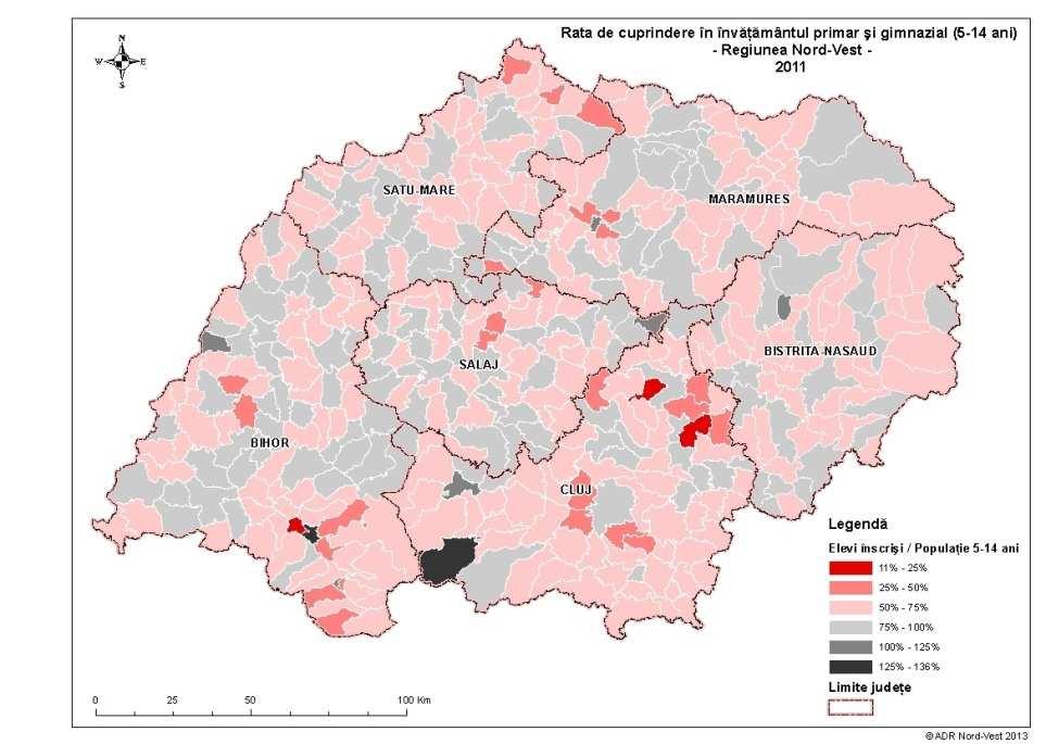 Populaţia şcolară a scăzut în toate judeţele regiunii în perioada studiată.