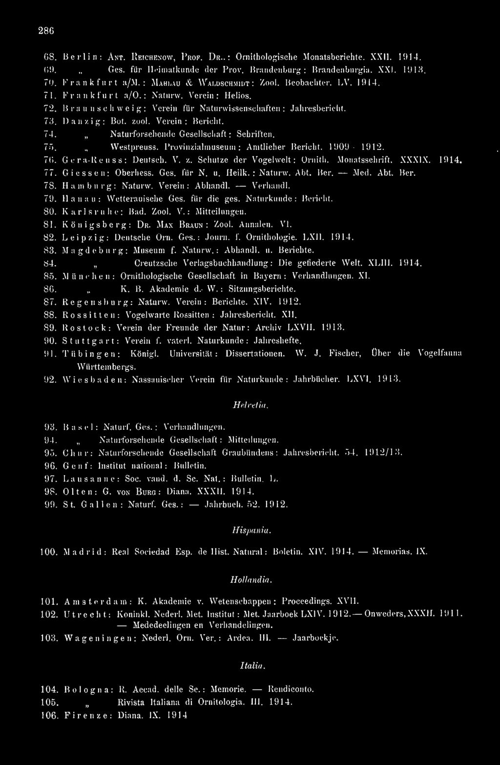 zool. Verein: Bericht. 74. Naturforschende Gesellschaft : Schriften. 7'). Westpreuss. Provinzialmuseuiii : Amtlicher Bericht. 1909-1912. 7(1. Gcra-Reuss: Deutsch. V. z. Schutze der Vogelwelt: (Jrnifh.