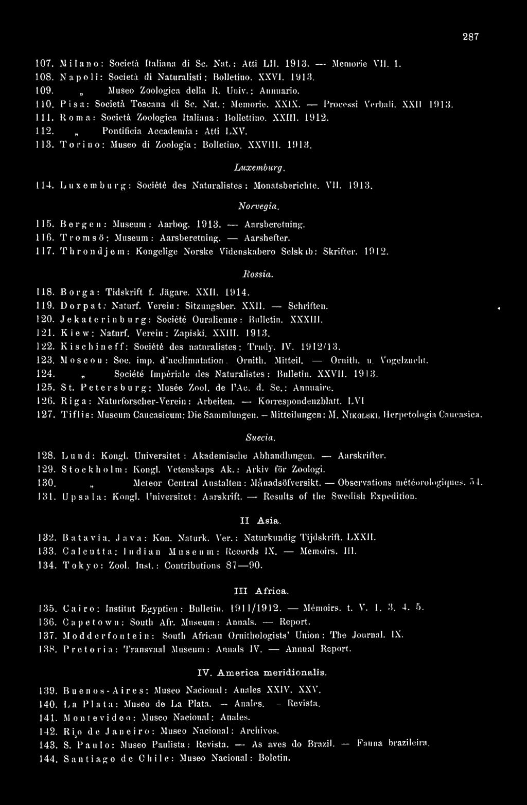 113. Torino: Museo di Zoologia: Bolletino. XXVIll. 1913. Luxemburg. 114. Luxemburg: Société des Naturalistes: Monatsberichte. VII. 1913. Norvegia. 115. Bergen: Museum: Aarbog. 1913. Aarsberetning.