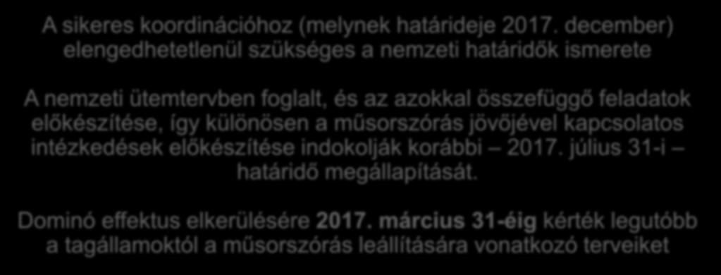 Egyéb kötelezettségek 2017/899 parlamenti, tanácsi (EU) határozat 2018. június 30-ig nemzeti terv és menetrend ( nemzeti ütemterv ) A sikeres koordinációhoz (melynek határideje 2017.