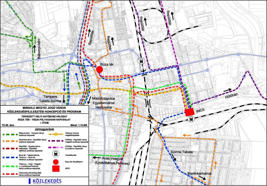 6-15. ábra Helyi autóbusz hálózat Búza tér és Tiszai pályaudvar kapcsolat Közösségi közlekedési előnyben részesítés fő összetevői: Teljes hosszon egységes előnyadási rendszer, Csomóponti felállás és