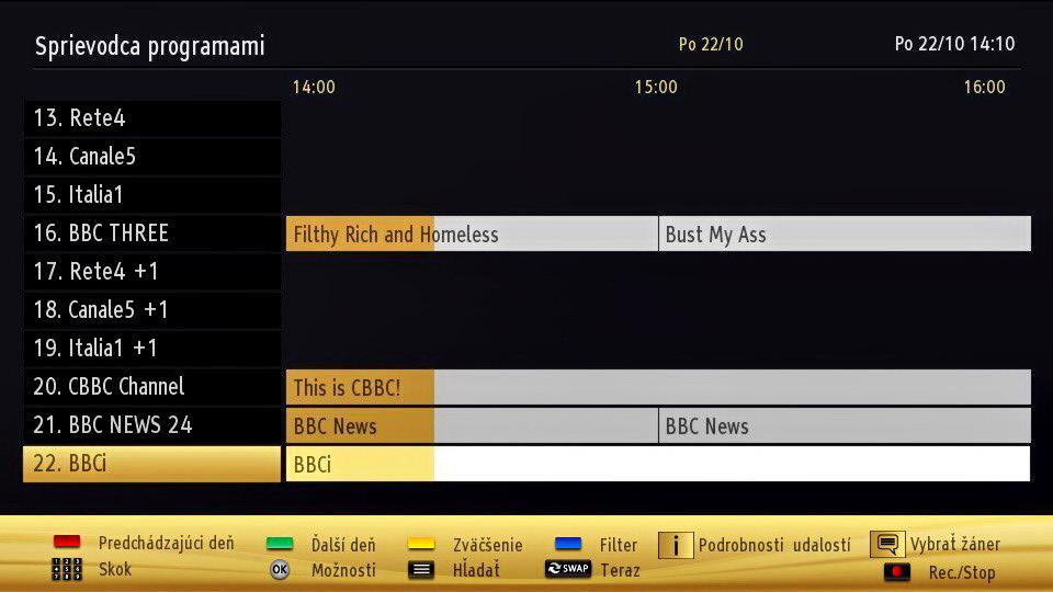 Elektronický programový sprievodca (EPG) Niektoré, ale nie všetky kanály zasielajú informácie o aktuálnych a nasledujúcich programoch. Stlačte tlačidlo EPG" " pre zobrazenie EPG menu.