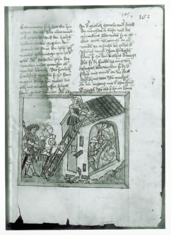 Abb. 5. Ungarische Soldaten töten die heilige Wiborada in ihrer Zelle. Kolorierte Zeichnung in der zweitältesten deutschsprachigen Abschrift der Lebensgeschichte der heiligen Wiborada. Um 1451/60.