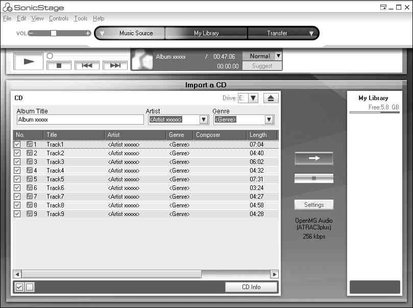 A SonicStage használata Hangadatok importálása Ez a fejezet bemutatja, hogyan rögzíthet és másolhat hangadatokat audio CD-ről a My Library által a számítógépe merevlemezén létrehozott SonicStage-be.