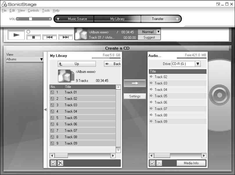 Zenei fájlok írása CD-R/CD-RW lemezre A SonicStage My Library könyvtárában található műsorszámokat CD-R/CD-RW lemezre írhatja.