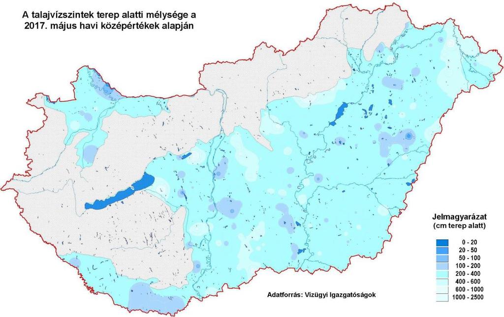 A májusi talajvízszintek terep alatti mélységének területi eloszlása az alábbi ábrán látható.