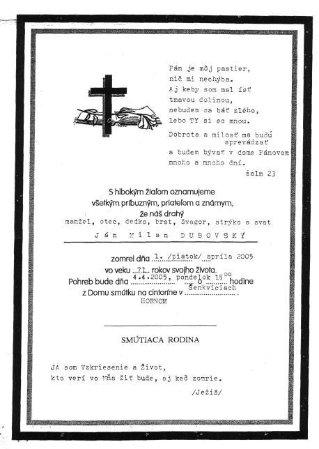 Zomrel PhDr. Ján Milan Dubovský, čestný predseda Spoločnosti slovenských archivárov Dňa 1.