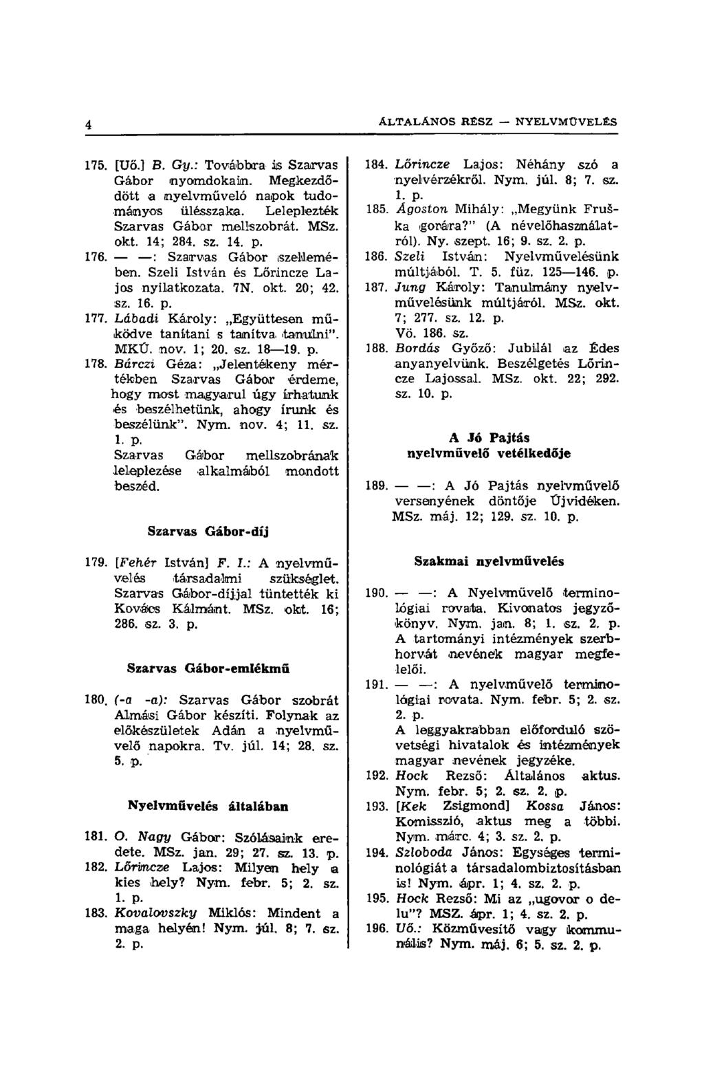 175. [Uő.] B. Gy.: Továbbira is Szarvas Gábor nyomdokain. Megkezdődött a nyelvművelő napok tudományos ülésszaka. Leleplezték Szarvas Gábor mellszobrát. MSz. okt. 14; 284. sz. 14. p. 176.