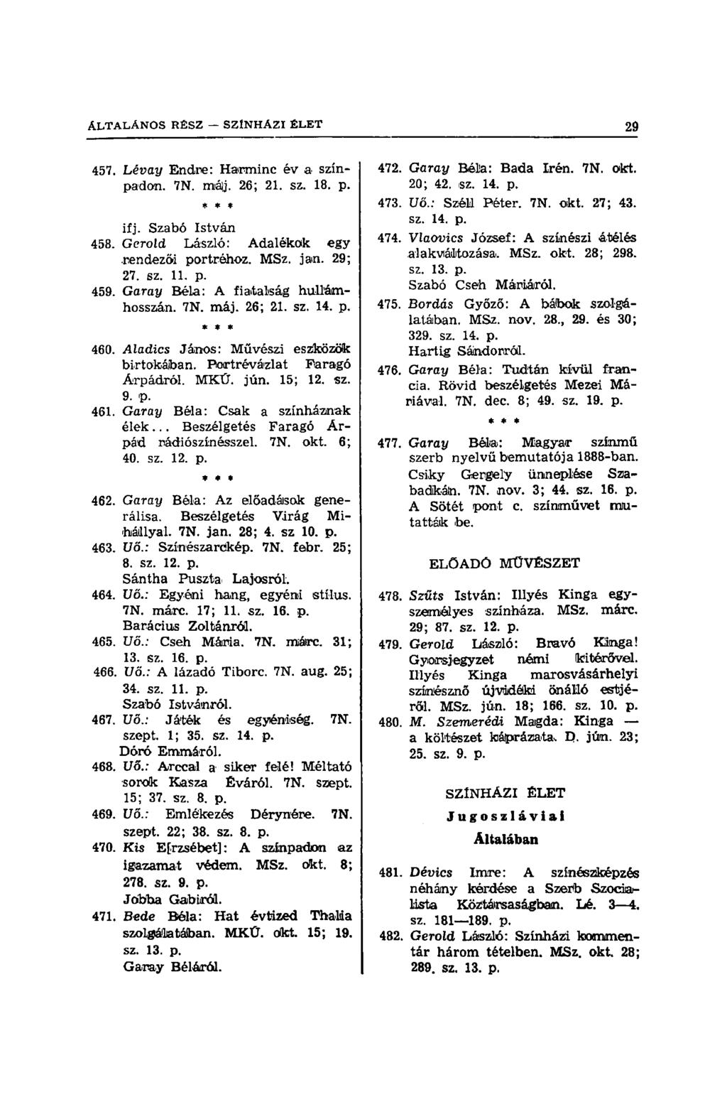 457. Lévay Endre: Harminc év a színpadon. 7N. májj. 26; 21. sz. 18. p. ifj. Szabó István 458. Gerold László: Adalékok egy rendezői portréhoz. MSz. jam. 29; 27. sz. 11. p. 459.