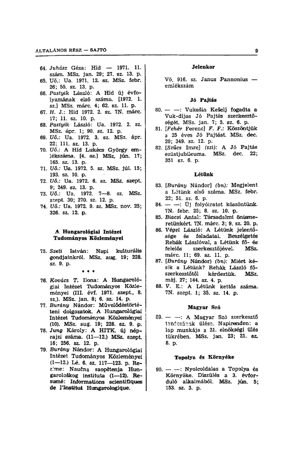 64. Juhász Géza: Híd 1971. 11. száon. MSz. jan. 29; 27. sz. 13. p. 65. Uő.: Ua. 1971. 12. sz. MSz. febr. 26; 55. sz. 13. p. 66. Pastyik László: A Híd új évfolyamának első számai, [1972. 1. sz.] MSz.