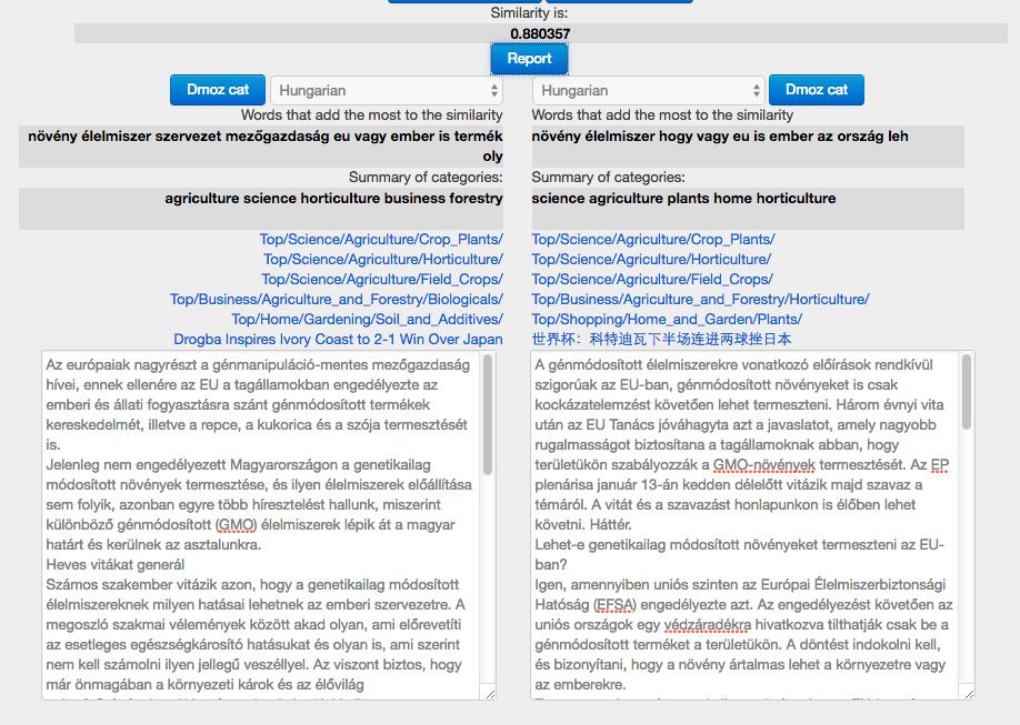 Validálás Hasonlóság mérése JSI Similarity Service Hasonlóság számolása a szövegek között: vektorok hasonlóságának mérése. Koszinusz hasonlóság mérése.